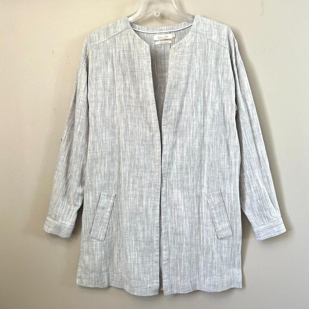 F&F Linen Blend Open Front Oversized Tab Sleeve Grey Marled Cardigan Blazer SZ 6